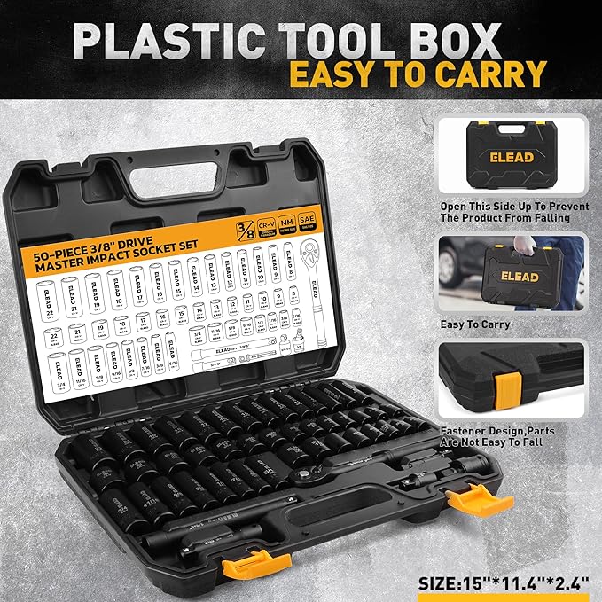 ELEAD 3/8" Drive Impact Socket Set, 50-Piece Standard SAE (5/16 to 3/4 inch) and Metric (8-22mm) Size, Deep & Shallow, 6 Point, Cr-V, 72-Tooth Ratchet Handle, Extension Bar, Universal Joint
