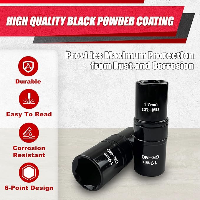 5PCS 1/2" Drive Impact Socket Set,Flip Socket Set,Metric（17x19，21x22 mm） & SAE（3/4x13/16,7/8x15/16in) with 3” Extension Bar,Cr-Mo Steel，Double Ended Thin Wall Nut Sockets