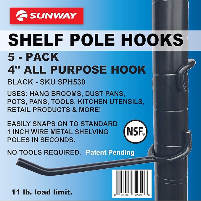 Sunway Shelf Pole Hooks 5-Pack | 4" Black All Purpose | Best Solution for Garage Shelving Storage Organization | Use with Metal or Wire Shelves and Racks | Heavy Duty, Easy Installation