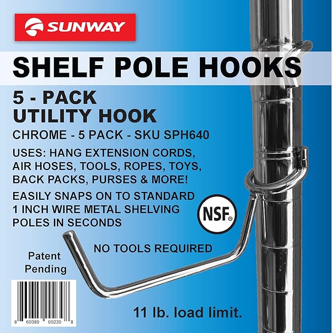 Pole Hooks 5-Pack | Utility Hanger Chrome | Best Solution for Garage Shelving Storage Organization | Use with Metal or Wire Shelves and Racks | Heavy Duty, Easy Installation