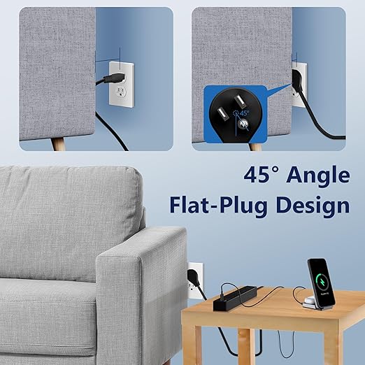 LIDER Outlet Extender with 3 Receptacles, USB Type-A and 2 USB Type-C Port, Ultra-Thin Flat-Plug with Cord Extender, 3-Outlet Power Strip, Slim Angled Design, Modern, 5ft Cord, Black