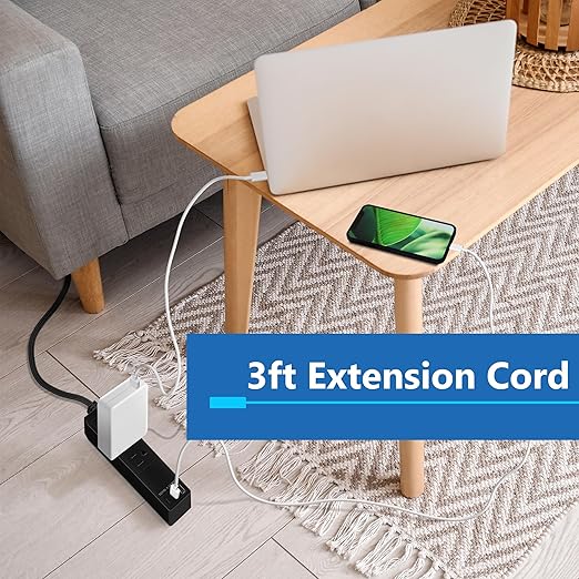 LIDER Outlet Extender with 3 Receptacles, 21W USB Type-A, and 2 USB Type-C, Ultra-Thin Wall Plate Plug with Cord Extender, 3-Outlet Power Strip, Flat-Face, Slim Design, Modern, 3ft Cord, Black