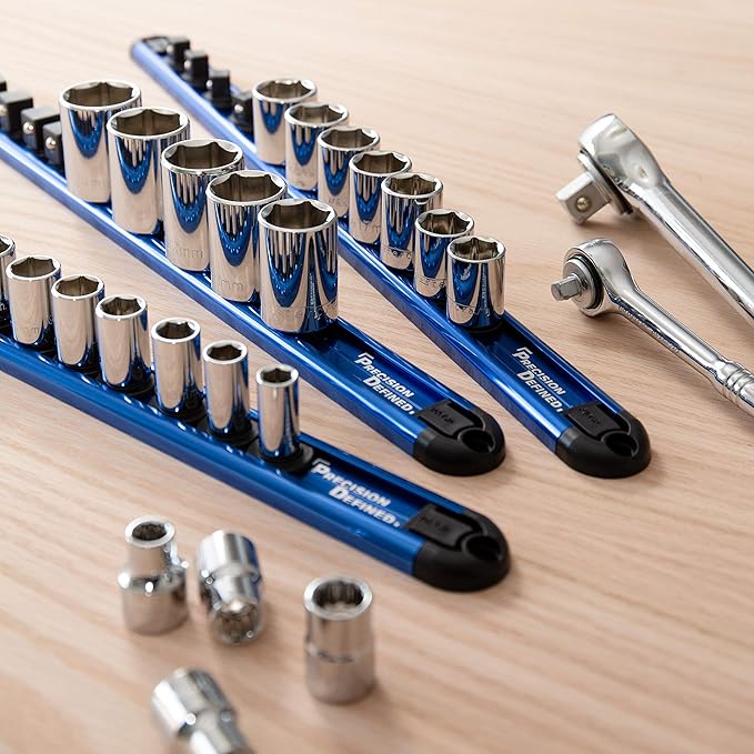 Precision Defined Aluminum Tool Socket Holder | Blue, Single 3/8-Inch Socket Organizer x 16 Clips | Heavy Duty Socket Rails Organizer, Socket Storage, Socket Tray 360 Rotation