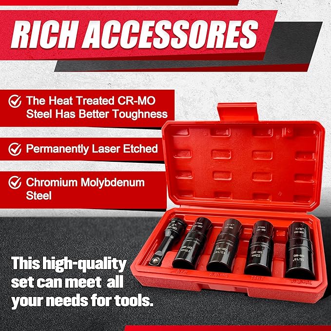 5PCS 1/2" Drive Impact Socket Set,Flip Socket Set,Metric（17x19，21x22 mm） & SAE（3/4x13/16,7/8x15/16in) with 3” Extension Bar,Cr-Mo Steel，Double Ended Thin Wall Nut Sockets