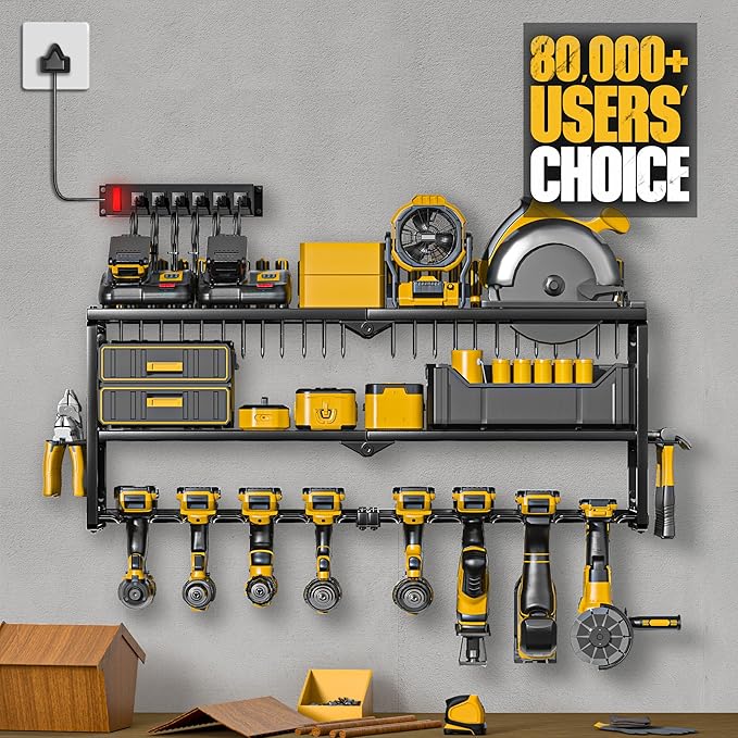 Power Tool Organizer with Charging Station, Garage Storage Shelf with 6 Outlets Power Strip, 8 Slots for Drill Holder Wall Mount, Heavy Duty Metal Tool Holder and Storage Rack, Father's Day