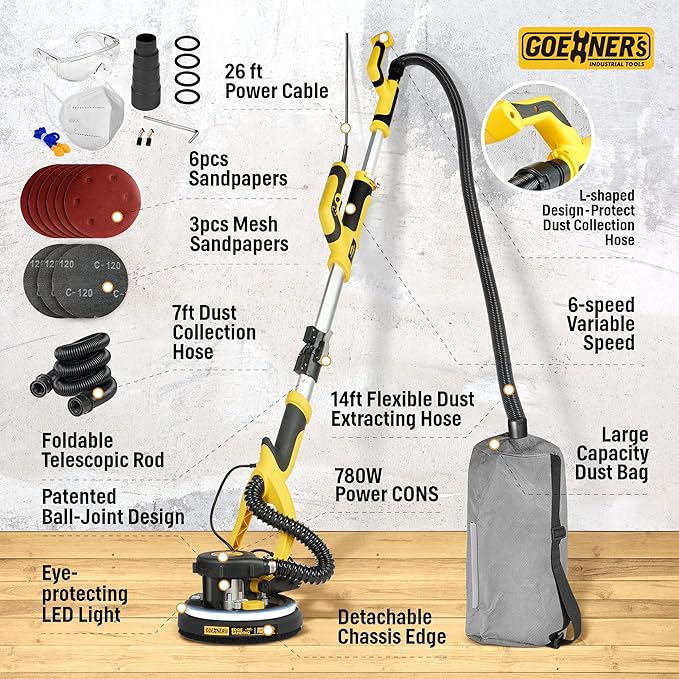 Drywall Sander, Electric Drywall Sander with Vacuum, 7 Variable Speed, 900-1800RPM, Labor-Saving Handle and Patented Fixture for Ceiling Sanding, LED Light, 14ft Dust Hose,26ft Power Cable,Storage Bag