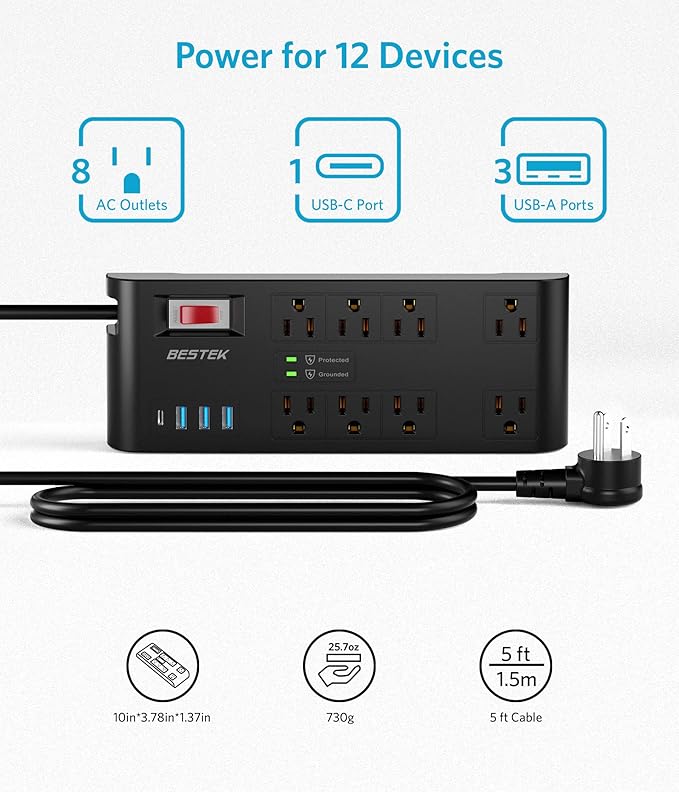 BESTEK 4,000 Joules Surge Protector with USB,6 Feet Extension Cord Power Strip with 8 AC Outlets 15A 1875W,5V 4.2A 4 USB Charging Ports Desktop Charging Station,Wide Spaced Outlet for Large Plug,Black