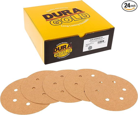 Dura-Gold Premium 60 Grit 6" Gold Sandpaper Discs, 6 Hole Pattern Dustless, Box of 24 - Hook & Loop Backing for DA Sander, Finishing Coarse Sanding Abrasive Automotive Paint, Woodworking Wood, Metal