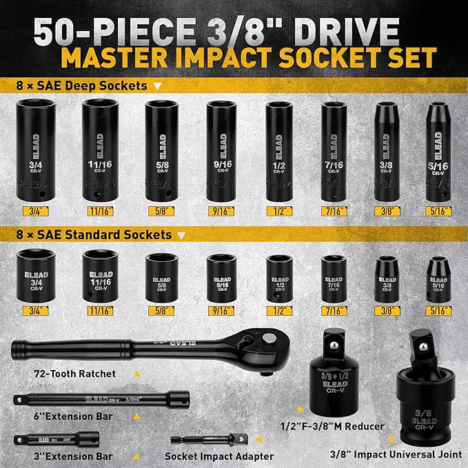 ELEAD 3/8" Drive Impact Socket Set, 50-Piece Standard SAE (5/16 to 3/4 inch) and Metric (8-22mm) Size, Deep & Shallow, 6 Point, Cr-V, 72-Tooth Ratchet Handle, Extension Bar, Universal Joint