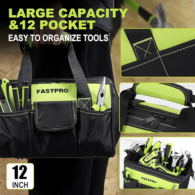 FASTPRO 232-Piece 20V Cordless Lithium-ion Drill Driver and Home Tool Set, Household Repairing Tool Kit with Drill, 12-Inch Wide Mouth Open Storage Tool Bag, Green