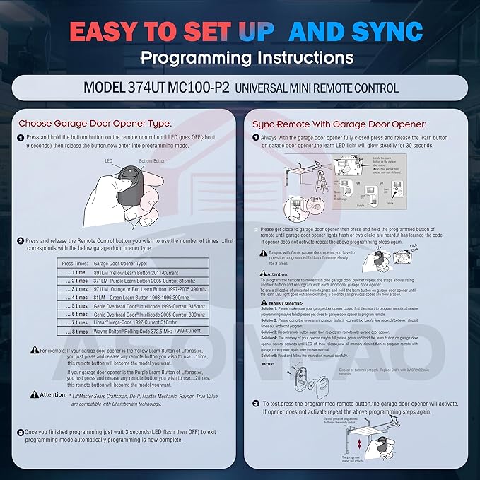 374UT Universal Liftmaster Garage Door Opener Remote (1Pack) 3-Years-Warranty