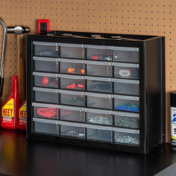 IRIS USA Screw Organizer, Hardware Storage Organizer, 24 Drawer Parts Cabinet, Plastic Drawer Storage for Hardware Crafts, Small Parts, Nuts, Bolts, Tool Organizer Storage, Scrapbook Art Hobby - Black