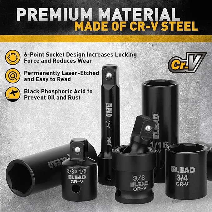 ELEAD 3/8" Drive Impact Socket Set, 50-Piece Standard SAE (5/16 to 3/4 inch) and Metric (8-22mm) Size, Deep & Shallow, 6 Point, Cr-V, 72-Tooth Ratchet Handle, Extension Bar, Universal Joint