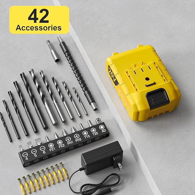 Cordless Drill Set, 20V Power Drill with Battery 2.0Ah and Charger, 3/8-Inch Keyless Chuck Electric Drill, 25+1 Torque, 42pcs Drill Driver Bits/Screws for DIY Projects (Yellow)