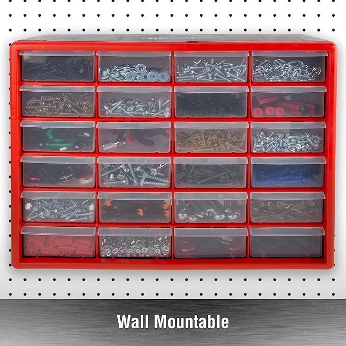 24 Plastic Drawers Organizer - Compartment Storage - Desktop and Wall Mount Container for Hardware, Parts, Crafts, Beads, and Tools by Stalwart (Red)