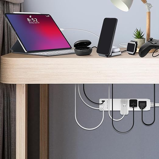 LIDER Outlet Extender with 3 Receptacles, USB Type-A, and 2 USB Type-C Port, Ultra-Thin Flat-Plug with Cord Extender, 3-Outlet Power Strip, Slim Angled Design, Modern, 5ft Cord, White, 2 Pack