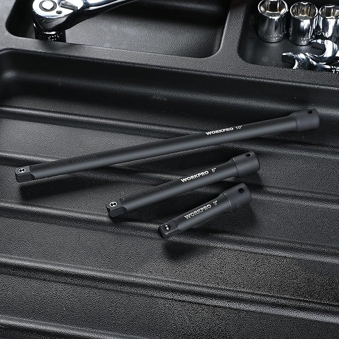 WORKPRO 3/8" Drive Impact Extension Bar Set, 3 PCS Socket Extensions, 3”, 5” and 10” Length, Premium Chrome Vanadium Steel with Black Phosphate Finish, Storage Tray Included