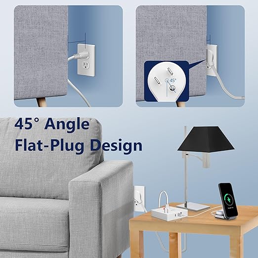 LIDER Outlet Extender with 6 Receptacles, USB Type-A and 2 USB Type-C, Ultra-Thin Flat-Plug with Cord Extender, 6-Outlet Power Strip, Slim Angled Design, Surge Protector, 480 Joules, 5ft Cord, White