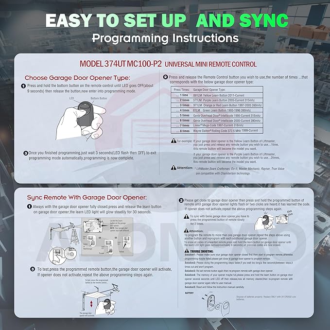 2 for 374UT Universal Liftmaster Garage Door Opener Remote 3-Year-Warranty