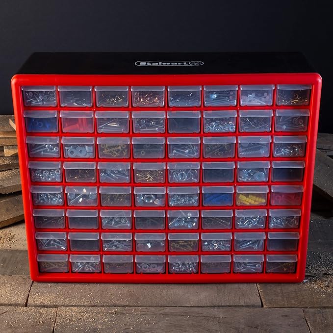 64-Drawer Storage Organizer - Plastic Drawers for Organization - Desktop or Wall-Mounted Container for Hardware, Tools, and Beads by Stalwart (Red)