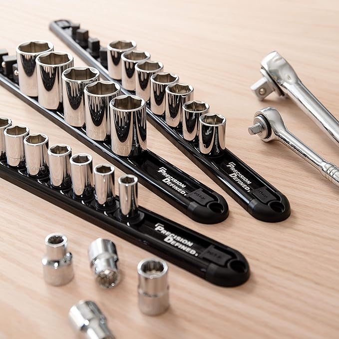 Precision Defined Aluminum Tool Socket Holder | Black, Single 3/8-Inch Socket Organizer x 16 Clips | Heavy Duty Socket Rails Organizer, Socket Storage, Socket Tray 360 Rotation