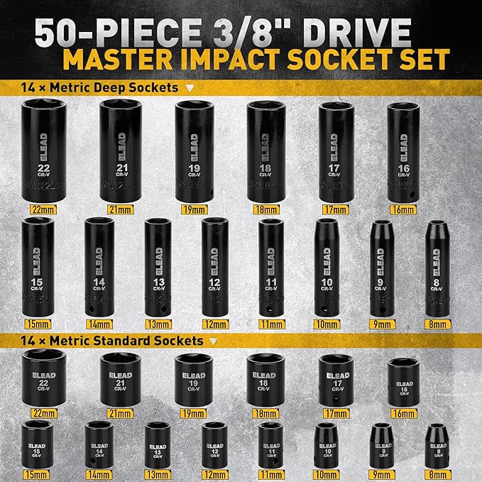 ELEAD 3/8" Drive Impact Socket Set, 50-Piece Standard SAE (5/16 to 3/4 inch) and Metric (8-22mm) Size, Deep & Shallow, 6 Point, Cr-V, 72-Tooth Ratchet Handle, Extension Bar, Universal Joint