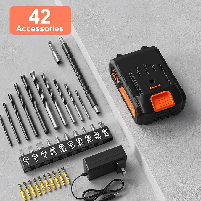 Cordless Drill Set, 20V Power Drill with Battery 2.0Ah and Charger, 3/8-Inch Keyless Chuck Electric Drill, 25+1 Torque, 42pcs Drill Driver Bits/Screws for DIY Projects (Gray)