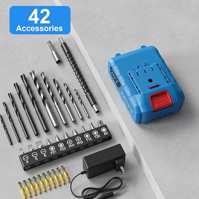 Cordless Drill Set, 20V Power Drill with Battery 2.0Ah and Charger, 3/8-Inch Keyless Chuck Electric Drill, 25+1 Torque, 42pcs Drill Driver Bits/Screws for DIY Projects (Blue)