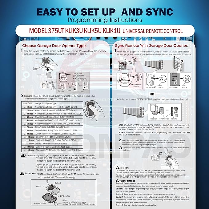 375UT 375LM 380UT Universal Liftmaster Garage Door Opener Remote (3Pack) 3-Years-Warranty