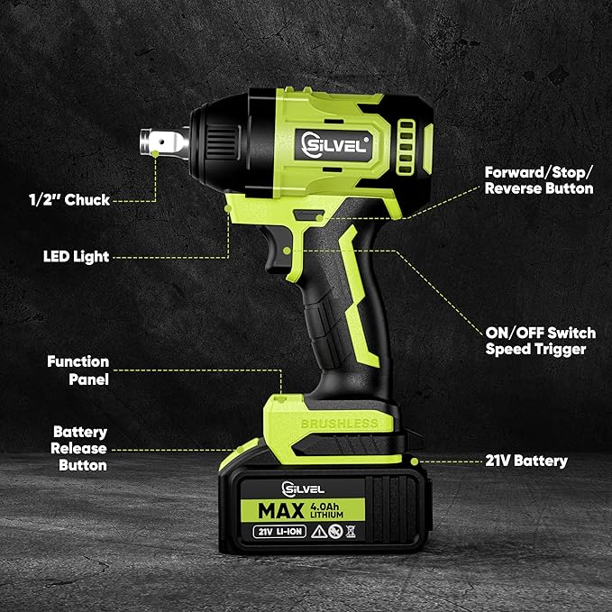 SILVEL Cordless Impact Wrench, MAX 500N.M Brushless Impact Gun 1/2 inch, 4.0Ah Battery, 6 Sockets, 3200RPM Impact Driver wih Fast Charger