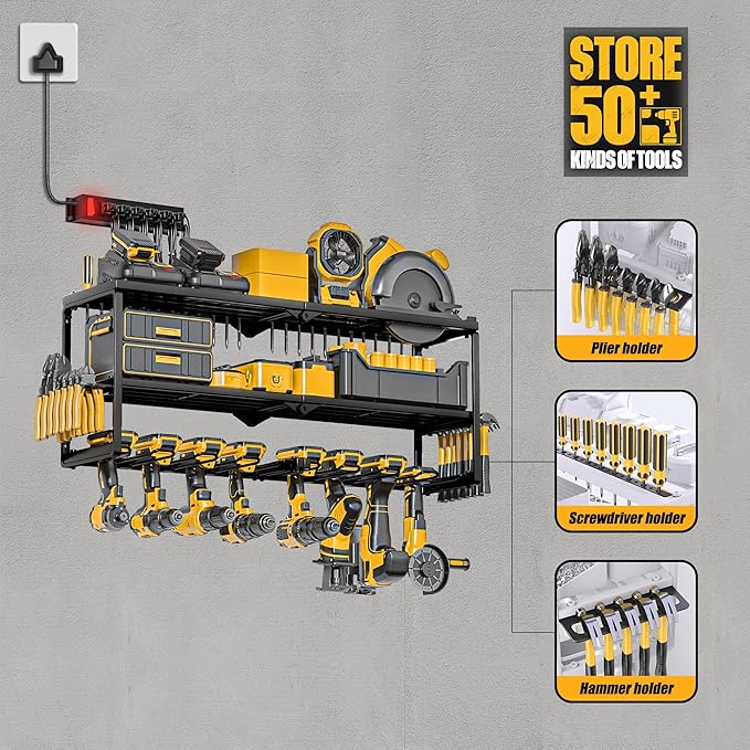 Power Tool Organizer with Charging Station, Garage Storage Shelf with 6 Outlets Power Strip, 8 Slots for Drill Holder Wall Mount, Heavy Duty Metal Tool Holder and Storage Rack, Father's Day
