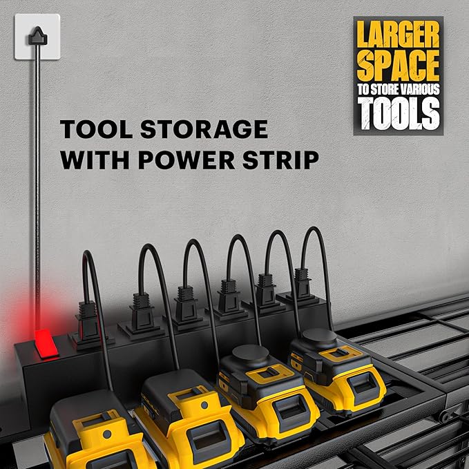 Power Tool Organizer with Charging Station, Garage Storage Shelf with 6 Outlets Power Strip, 8 Slots for Drill Holder Wall Mount, Heavy Duty Metal Tool Holder and Storage Rack, Father's Day
