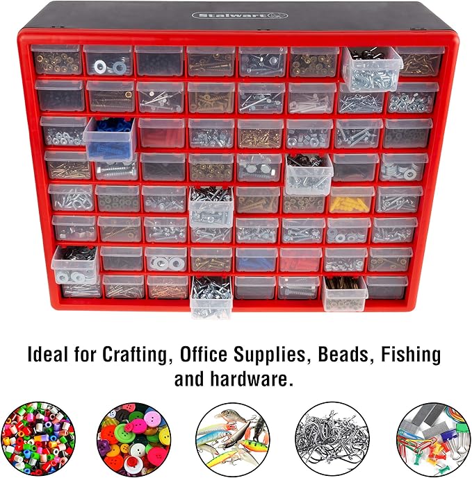 64-Drawer Storage Organizer - Plastic Drawers for Organization - Desktop or Wall-Mounted Container for Hardware, Tools, and Beads by Stalwart (Red)