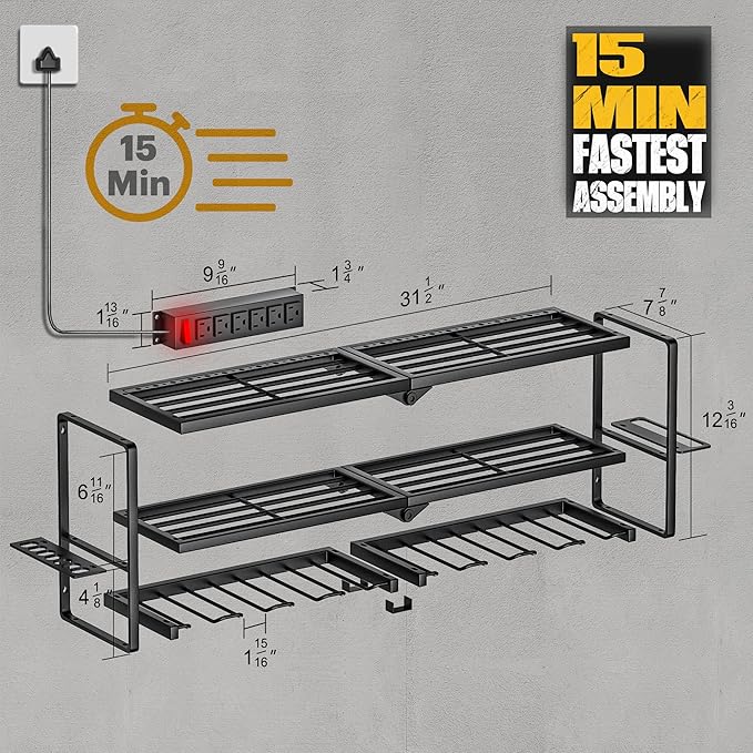 Power Tool Organizer with Charging Station, Garage Storage Shelf with 6 Outlets Power Strip, 8 Slots for Drill Holder Wall Mount, Heavy Duty Metal Tool Holder and Storage Rack, Father's Day