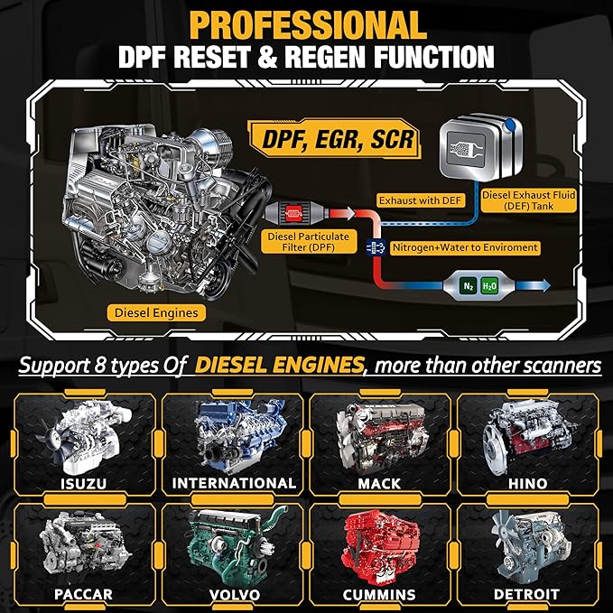 Diesel Laptops Heavy Duty Truck Scanner with DPF Regens Diesel Decoder Mobile Diagnostic Tool for Cummins, Volvo, Paccar, International and Repair Information for iOS & Android