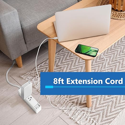 LIDER Outlet Extender with 3 Receptacles, 21W USB Type-A, and 2 USB Type-C, USB Port, Ultra-Thin Wall Plate Plug with Cord Extender, 3-Outlet Power Strip, Flat-Face, Slim Design, 8ft Cord, White