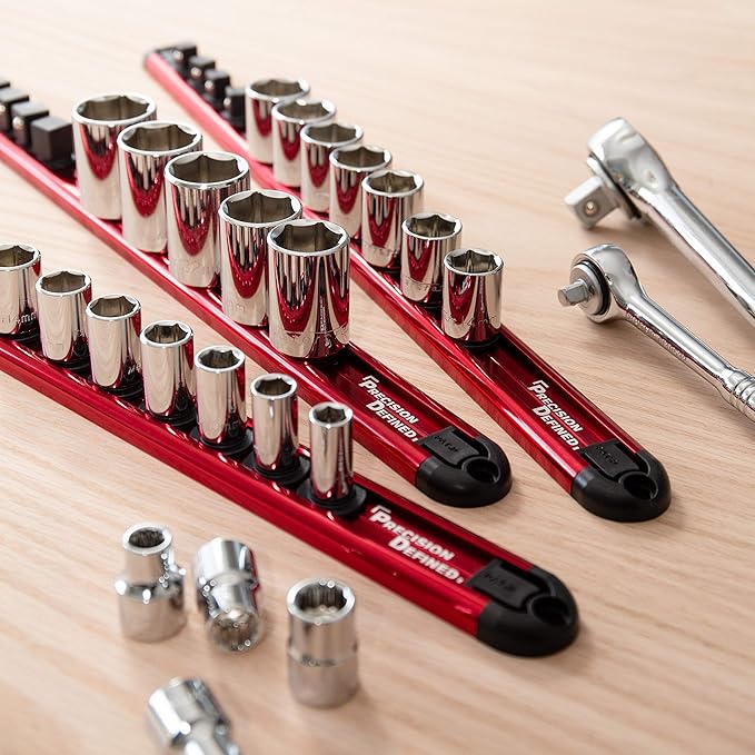 Precision Defined Aluminum Tool Socket Holder | Red, Single 1/4-Inch Socket Organizer x 16 Clips | Heavy Duty Socket Rails Organizer, Socket Storage, Socket Tray 360 Rotation
