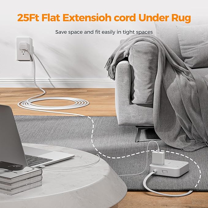 Flat Plug Long Extension Cord 25 Ft, TESSAN Power Strip Surge Protector with 4 Outlets 3 USB Ports (1 USB C), Surge Protection Desktop Charging Station for Home, Office, Dorm Room Essentials