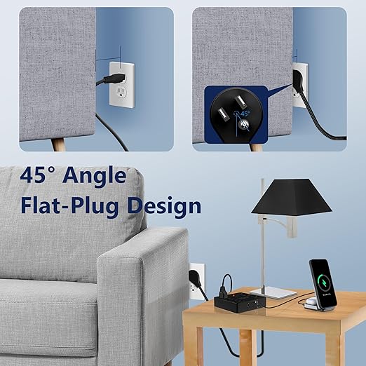 LIDER Outlet Extender with 6 Receptacles, USB-A and 2 USB-C, Ultra-Thin Flat-Plug with Cord Extender, 6-Outlet Power Strip, Slim Angled Design, Surge Protector, 480 Joules, 5ft Cord, Black