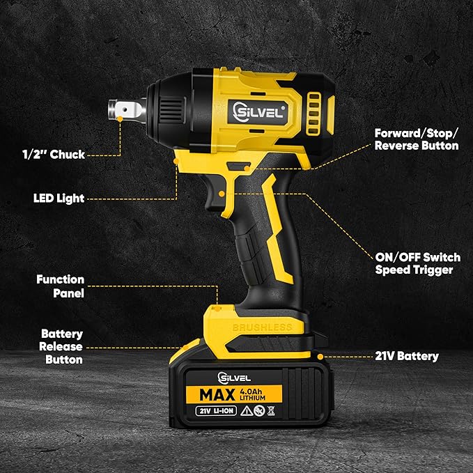 SILVEL Cordless Impact Wrench, 370 Ft-lbs (500N.m) Impact Gun 1/2 inch, 2 * 4.0Ah Battery Powered Brushless Impact Wrench with 6 Sockets, Fast Charger