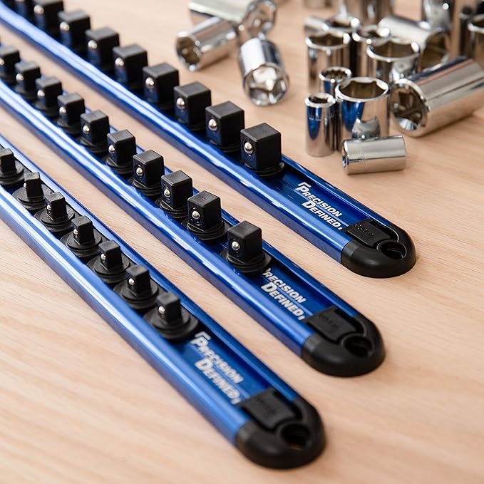 Precision Defined Aluminum Tool Socket Holder | Blue, Single 1/2-Inch Socket Organizer x 14 Clips | Heavy Duty Socket Rails Organizer, Socket Storage, Socket Tray 360 Rotation