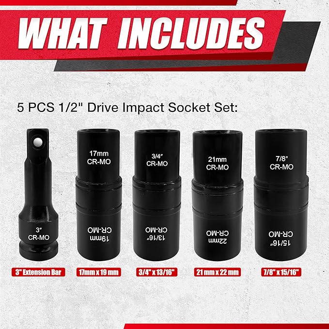 5PCS 1/2" Drive Impact Socket Set,Flip Socket Set,Metric（17x19，21x22 mm） & SAE（3/4x13/16,7/8x15/16in) with 3” Extension Bar,Cr-Mo Steel，Double Ended Thin Wall Nut Sockets