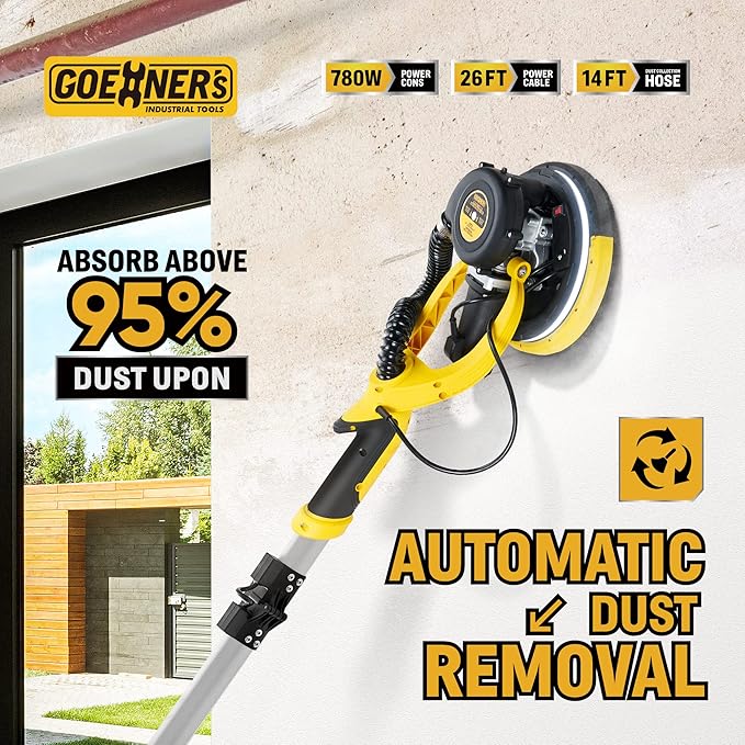 Drywall Sander, Electric Drywall Sander with Vacuum, 7 Variable Speed, 900-1800RPM, Labor-Saving Handle and Patented Fixture for Ceiling Sanding, LED Light, 14ft Dust Hose,26ft Power Cable,Storage Bag