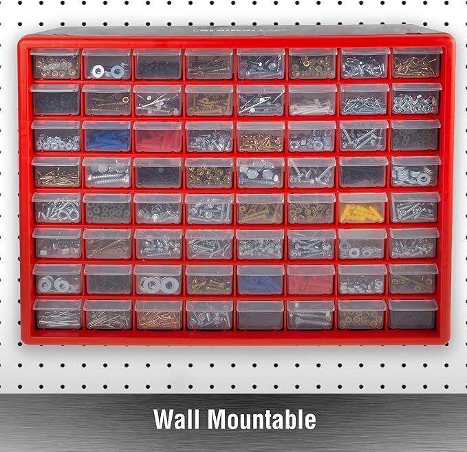 64-Drawer Storage Organizer - Plastic Drawers for Organization - Desktop or Wall-Mounted Container for Hardware, Tools, and Beads by Stalwart (Red)
