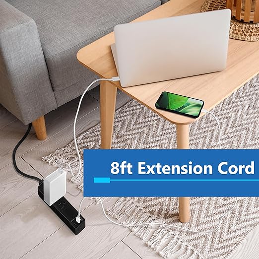 LIDER Outlet Extender with 3 Receptacles, 21W USB Type-A, and 2 USB Type-C, Ultra-Thin Wall Plate Plug with Cord Extender, 3-Outlet Power Strip, Flat-Face, Slim Design, Modern, 8ft Cord, Black