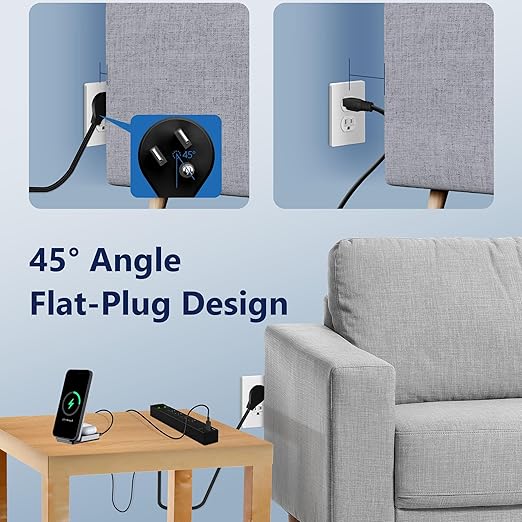 LIDER Outlet Extender with 4 Receptacles, USB Type-A and 2 USB Type-C, Ultra-Thin Flat-Plug with Cord Extender, 4-Outlet Power Strip, Slim Angled Design, Surge Protector, 720 Joules, 5ft Cord, Black