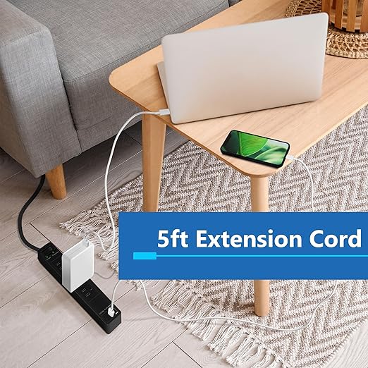 LIDER Outlet Extender with 4 Receptacles, USB Type-A and 2 USB Type-C, Ultra-Thin Flat-Plug with Cord Extender, 4-Outlet Power Strip, Slim Angled Design, Surge Protector, 720 Joules, 5ft Cord, Black