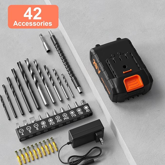 Cordless Drill Set, 20V Power Drill with Battery 2.0Ah and Charger, 3/8-Inch Keyless Chuck Electric Drill, 25+1 Position, 42pcs Drill Driver Bits/Screws for DIY Projects (Orange)