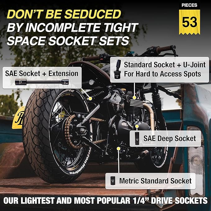 TIGHTSPOT 1/4" Drive 53pc Impact Socket PRO SET, our Most Popular Set Ever with SAE & Metric from 3/16 Inch - 9/16 Inch, 4mm-15mm, Standard/Deep Sockets, Extension Bars, Adapter & More
