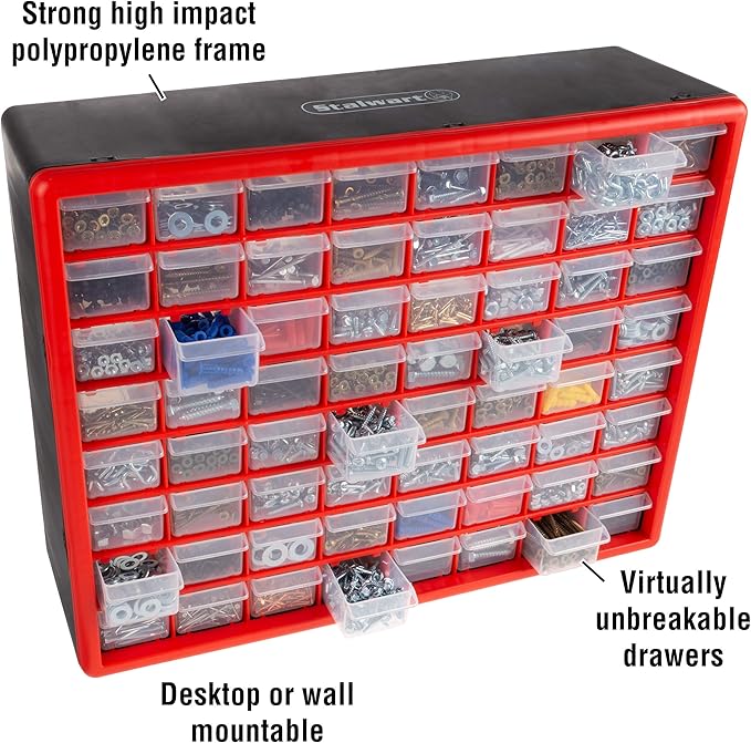 64-Drawer Storage Organizer - Plastic Drawers for Organization - Desktop or Wall-Mounted Container for Hardware, Tools, and Beads by Stalwart (Red)